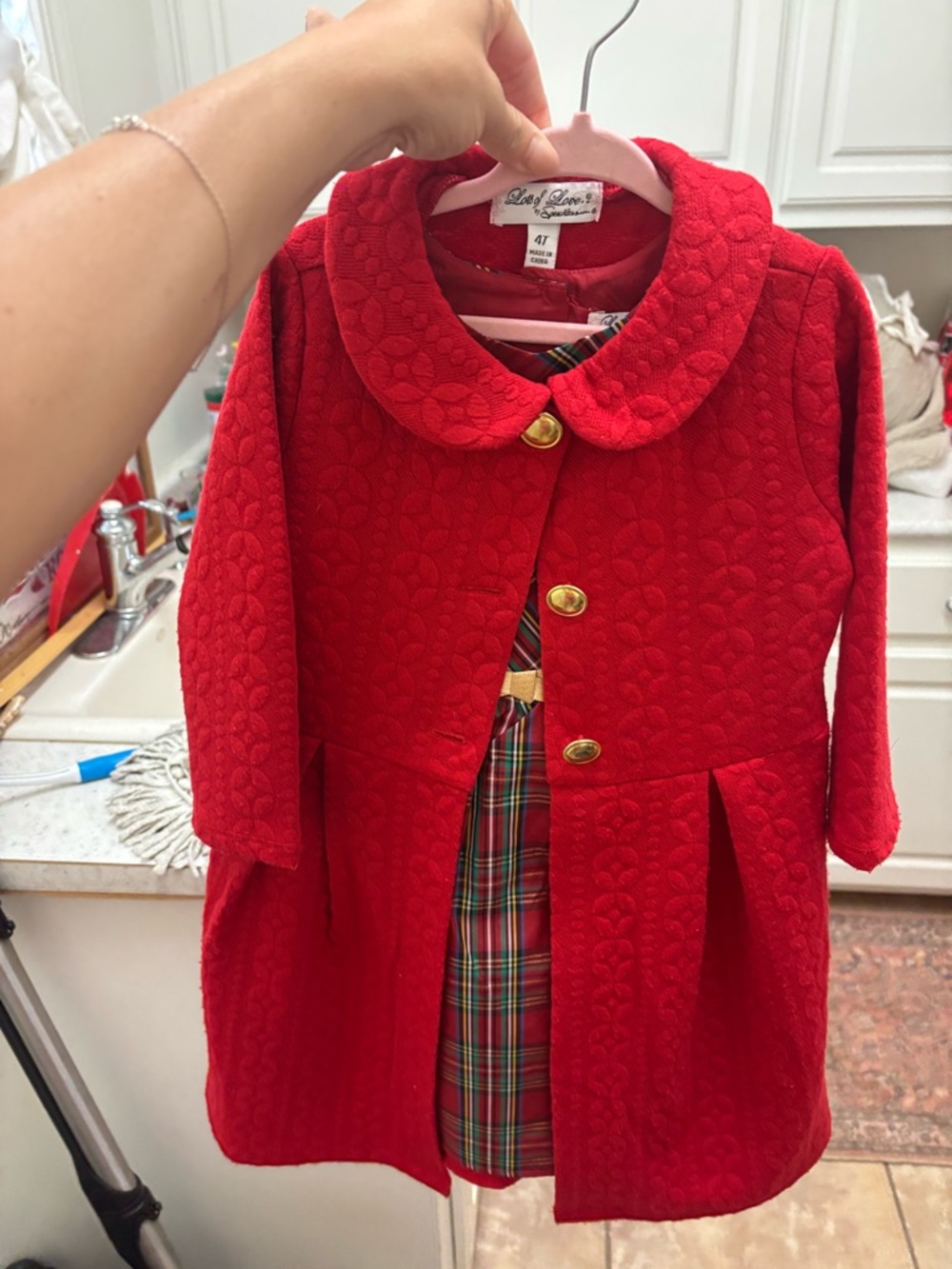 Love Red Quilted Girls' Pea Coat with Gold Buttons
